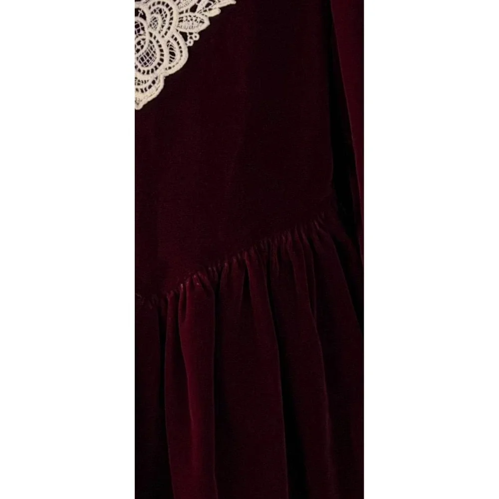 Vintage Girls Burgundy Velvet Lace Collar Dress Size 8 Red Rose Holiday USA Made